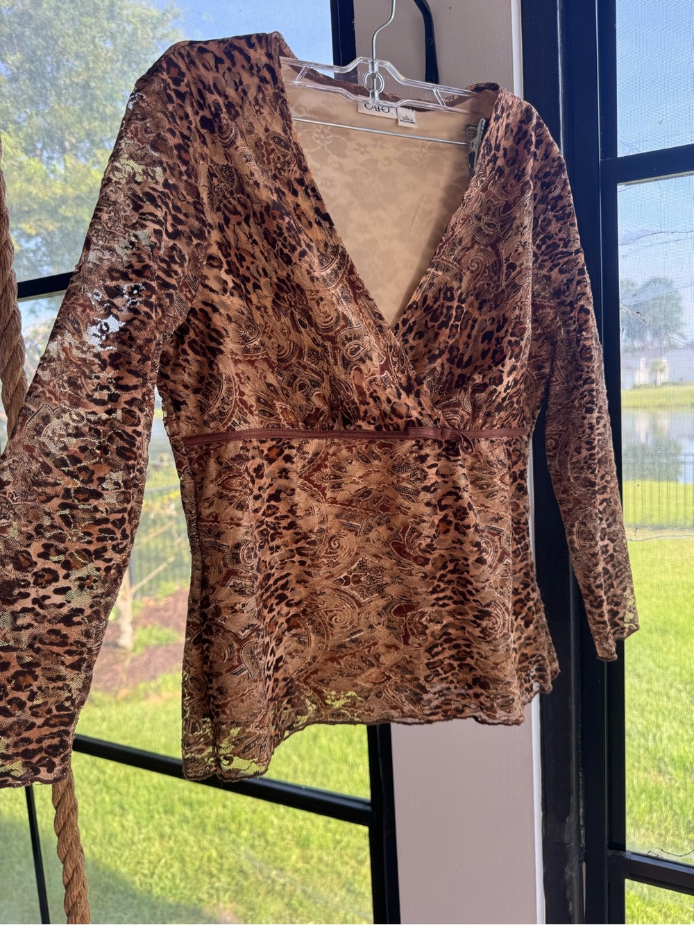 2000’s  y2k Brown Animal-Print Sheer Wrap Top w/ bow belt detail